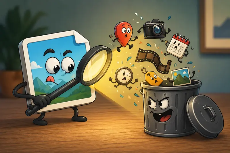 Illustration showing photo metadata being removed during privacy-safe image cleanup