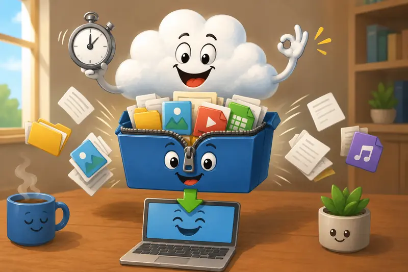 Cloud archive extraction process showing compressed files becoming accessible documents