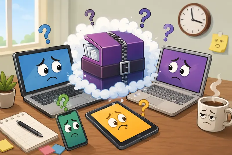 Distributed team using cloud-based workflows to open RAR files online across devices