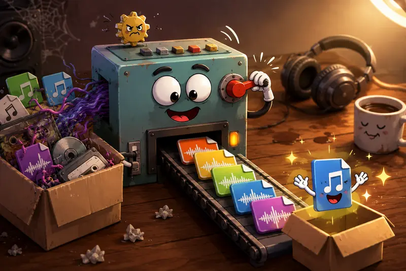 Batch audio processing workflow with multiple media files prepared for mobile delivery