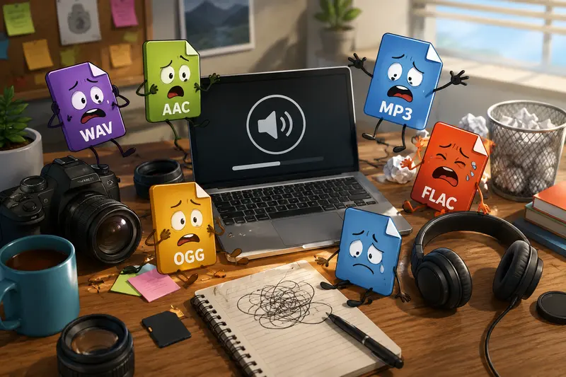 Photographer organizing folders while preparing to convert audio files for client delivery