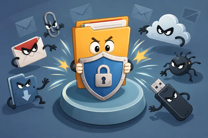 Secure document transfer concept showing encrypted marketing files moving between devices