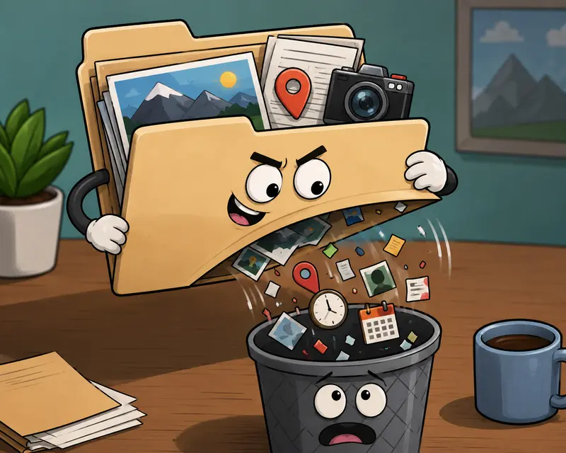Abstract desktop file cleanup process showing privacy-safe image cleanup stages