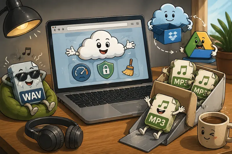 WAV to MP3 converter process showing large audio files becoming smaller mobile-friendly formats