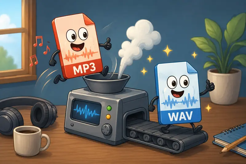 Abstract audio waveform transformation representing MP3 to WAV converter workflow