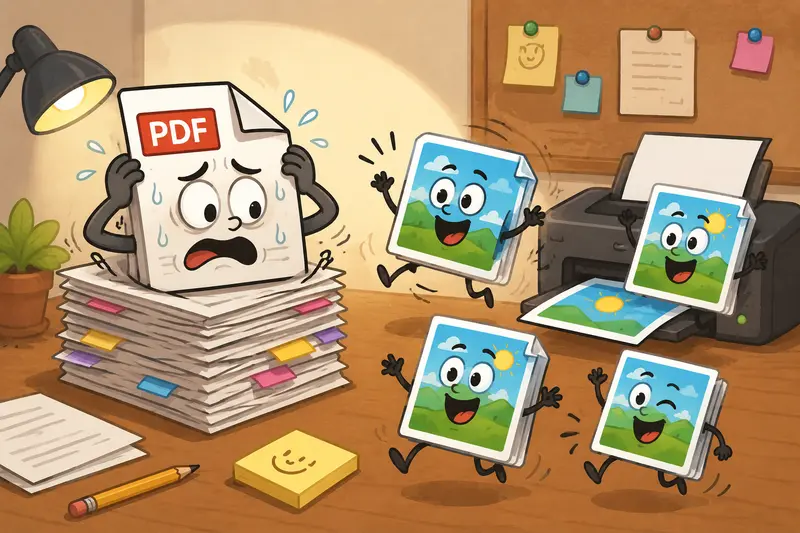 Batch PDF to image conversion concept with multiple document pages exporting to JPG files
