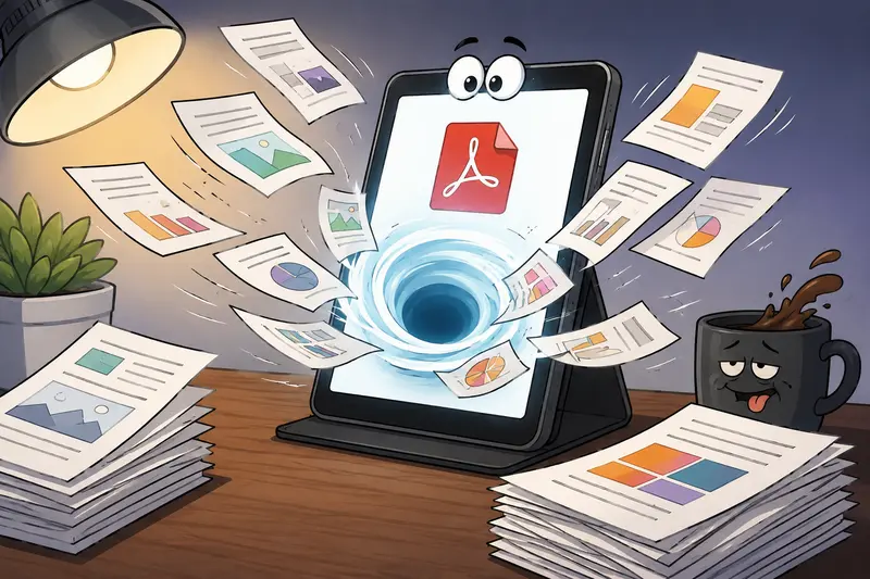 Designer merging PDF documents on a mobile workflow with layered creative files