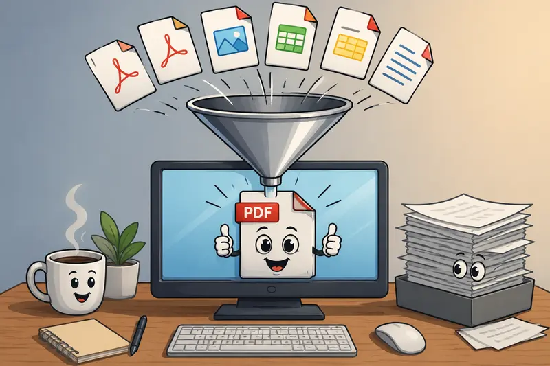 Abstract desktop document workflow showing combine PDF files online process