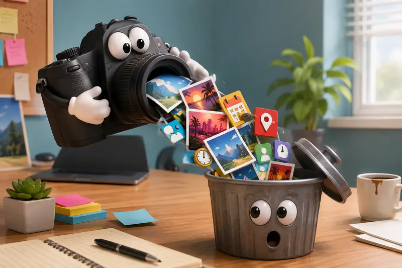 Marketer organizing image files to delete photo metadata before sharing campaign assets