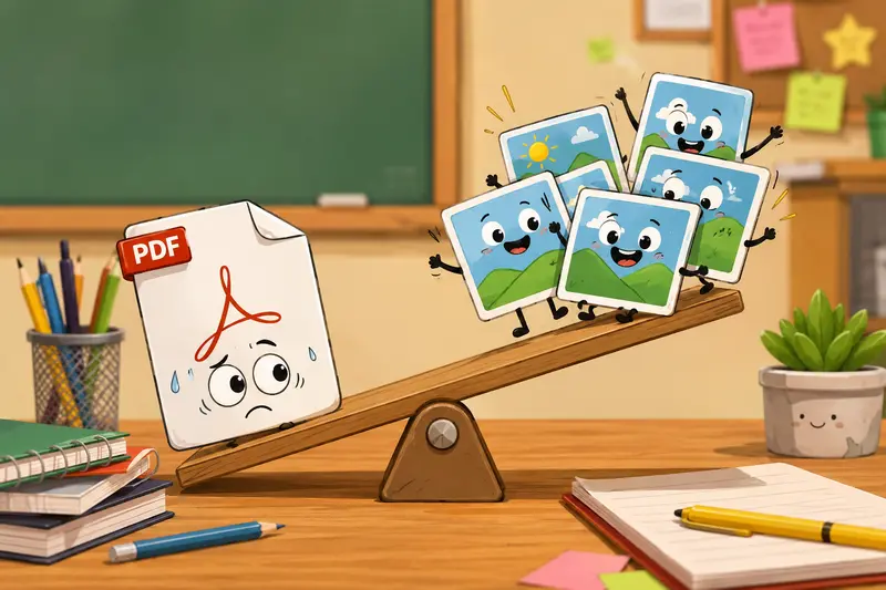 Teacher organizing printed classroom materials using a PDF to JPG converter workflow