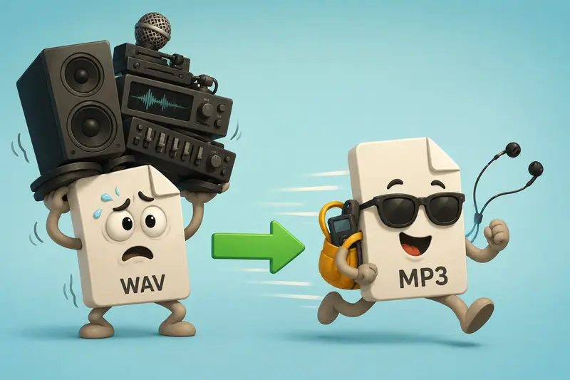 WAV to MP3 converter workflow showing audio files becoming smaller for mobile use