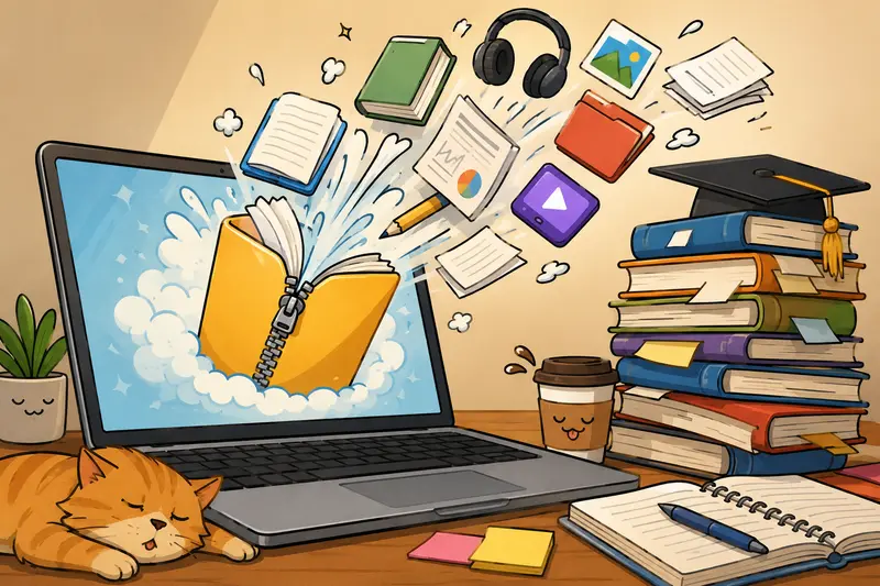 Student using a browser-based workflow to unzip files online from a compressed study folder