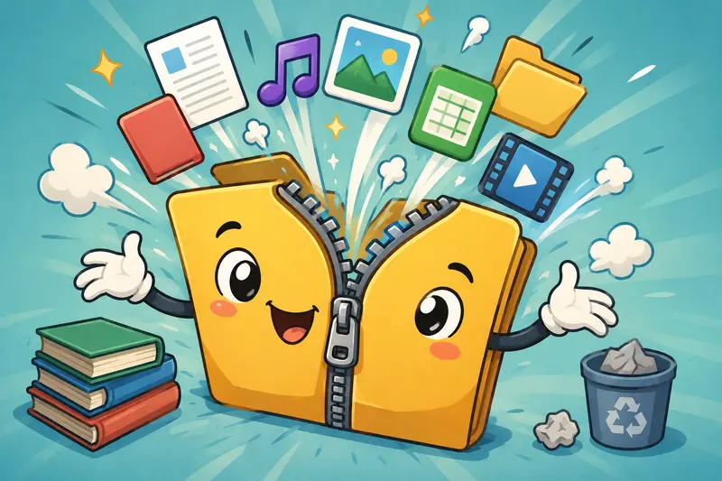 Compressed archive transforming into organized extracted study materials and documents