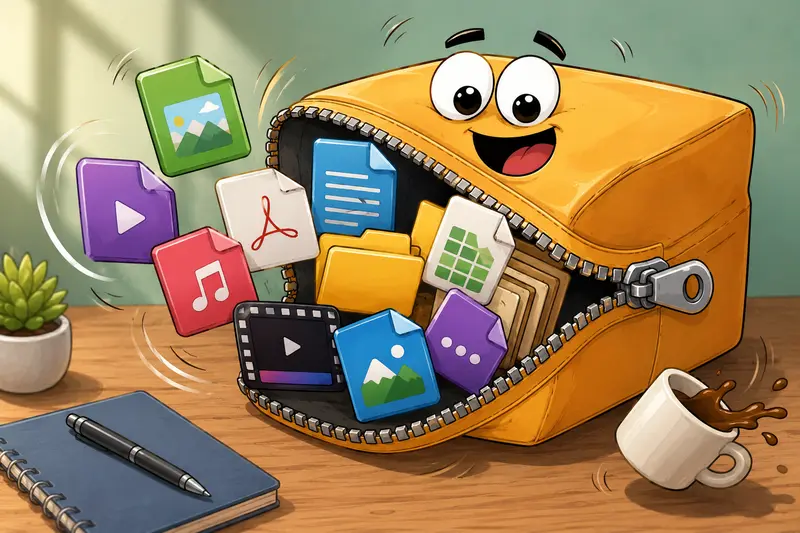 Compressed archive expanding into organized folders with social media images and videos
