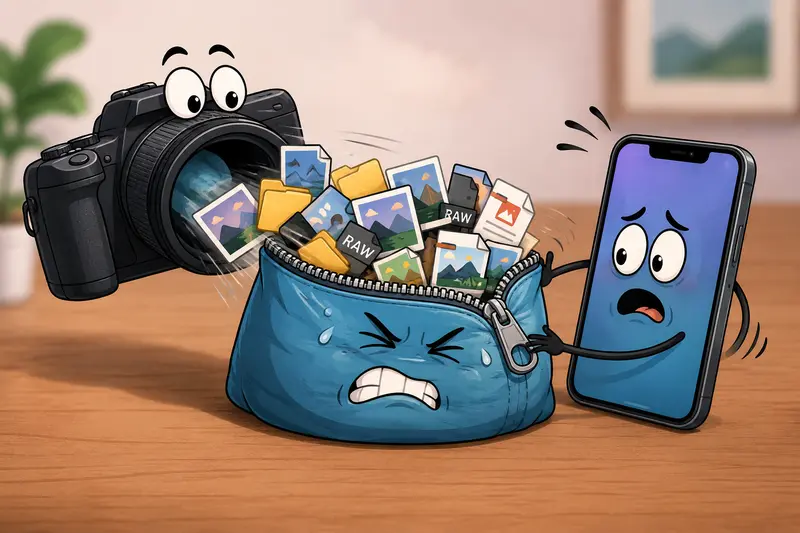Photographer extracting ZIP files on iPhone while organizing media folders
