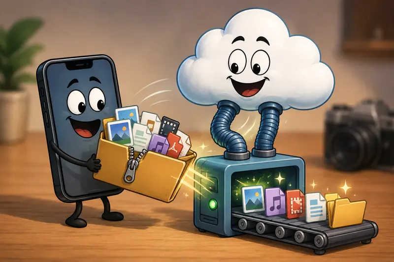 Large ZIP archive containing RAW photos and PDFs being selectively downloaded to mobile device