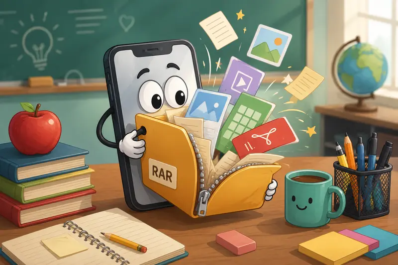 Teacher using open RAR files online workflow on a mobile device