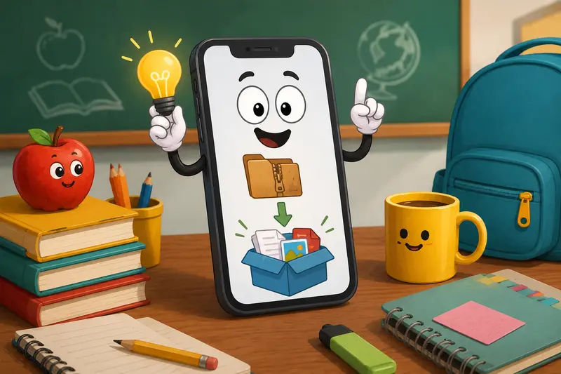 Mobile workflow showing open RAR files online and extracted classroom documents