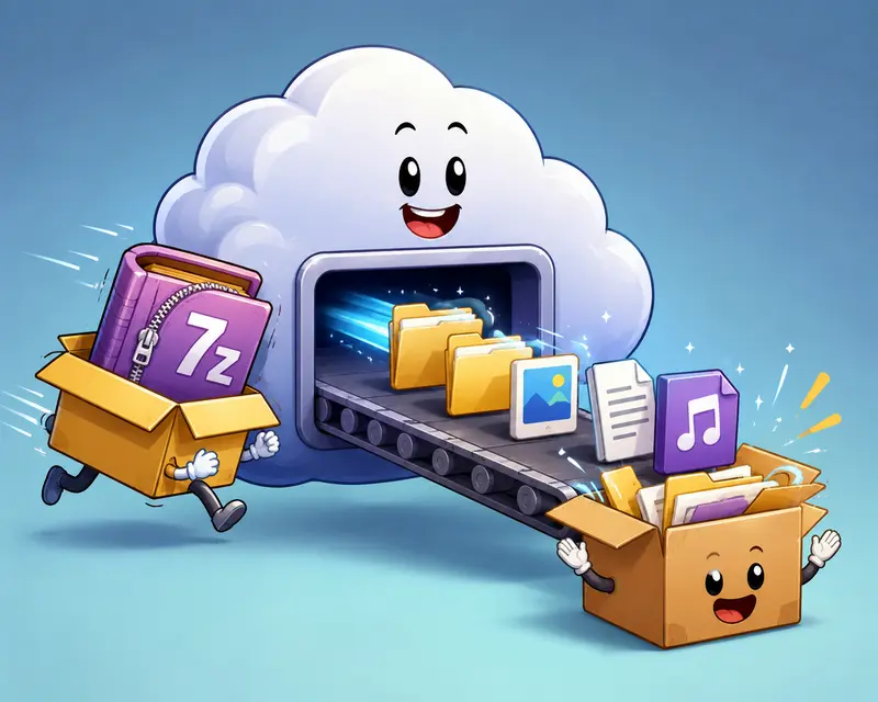 Conceptual image of extracted marketing documents and media assets organized after archive processing