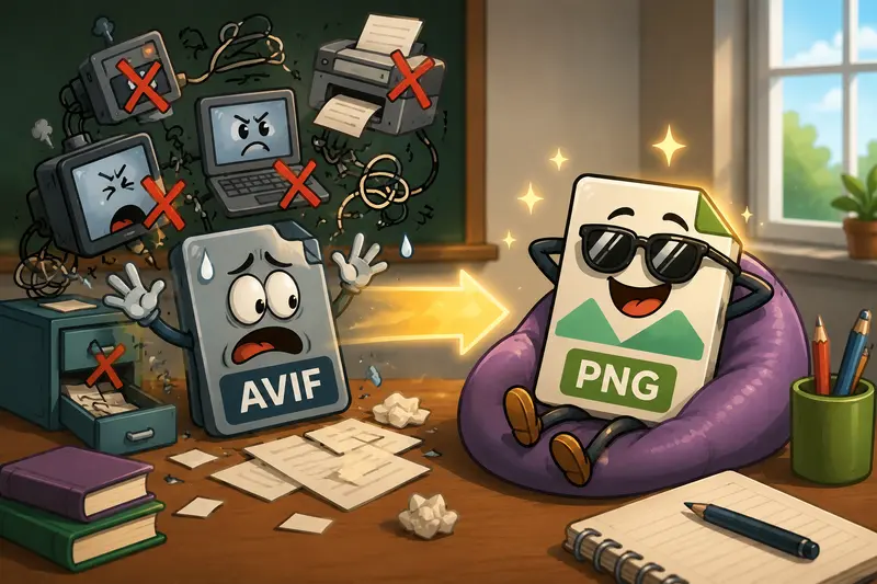 Concept illustration of AVIF images transforming into crisp PNG files