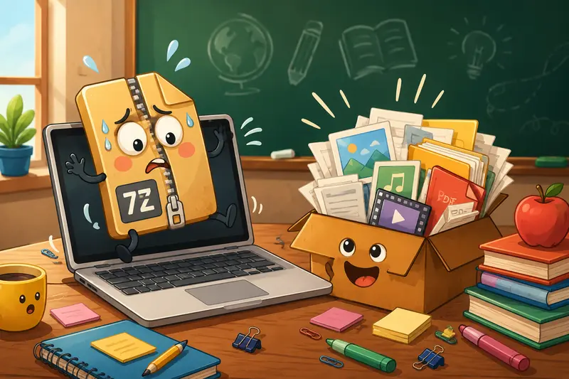 Teacher organizing extracted 7Z files and classroom materials on a Mac