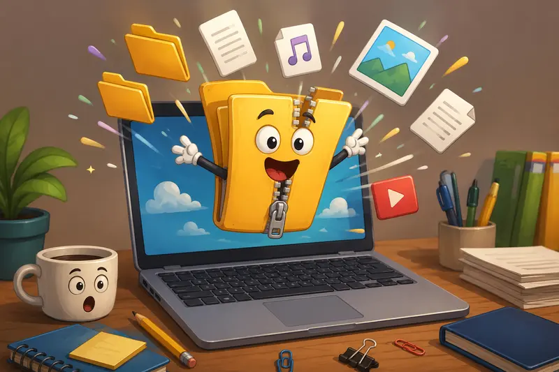 Conceptual workflow showing compressed classroom files expanding into organized teaching resources