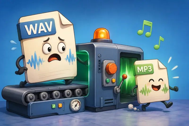 Conceptual WAV to MP3 converter workflow showing audio files moving from large source format into smaller mobile-ready files