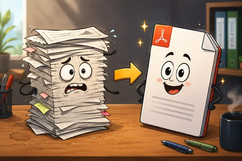 Concept illustration showing multiple PDF documents being combined into a unified file