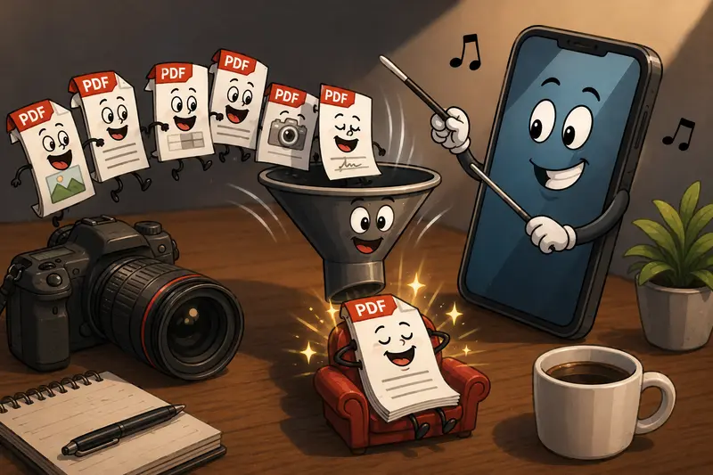 Conceptual mobile workflow to merge multiple PDFs and export image pages