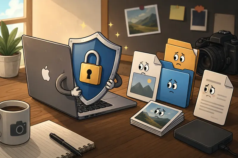 Photographer organizing encrypted image archives to protect files with password on Mac