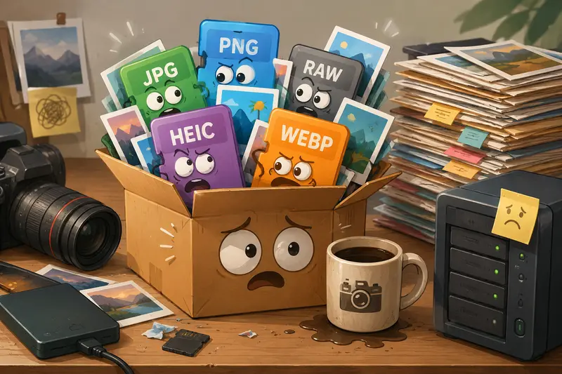 Photographer organizing multiple image formats before cloud backup