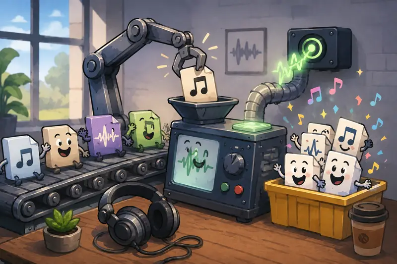 Conceptual visualization of developers managing audio conversion workloads