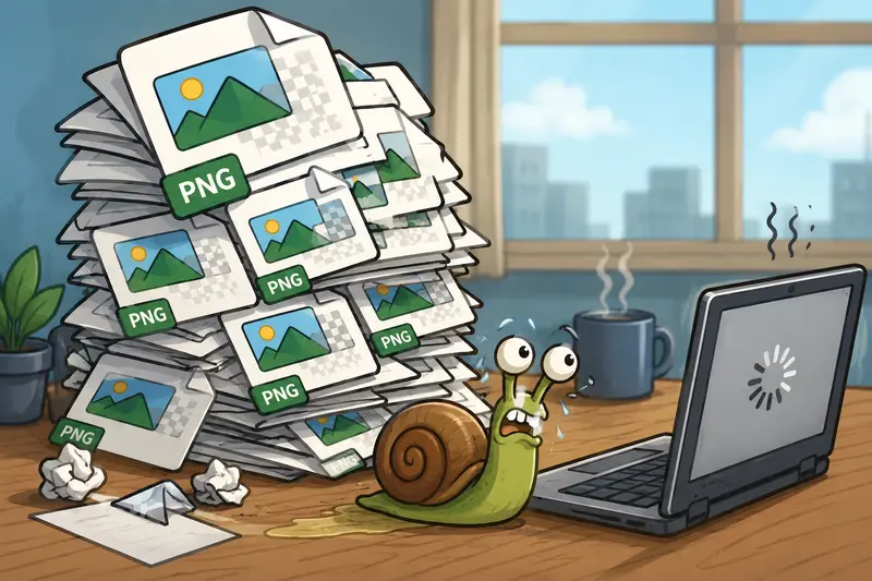Small business owner organizing compressed PNG files for faster online workflows
