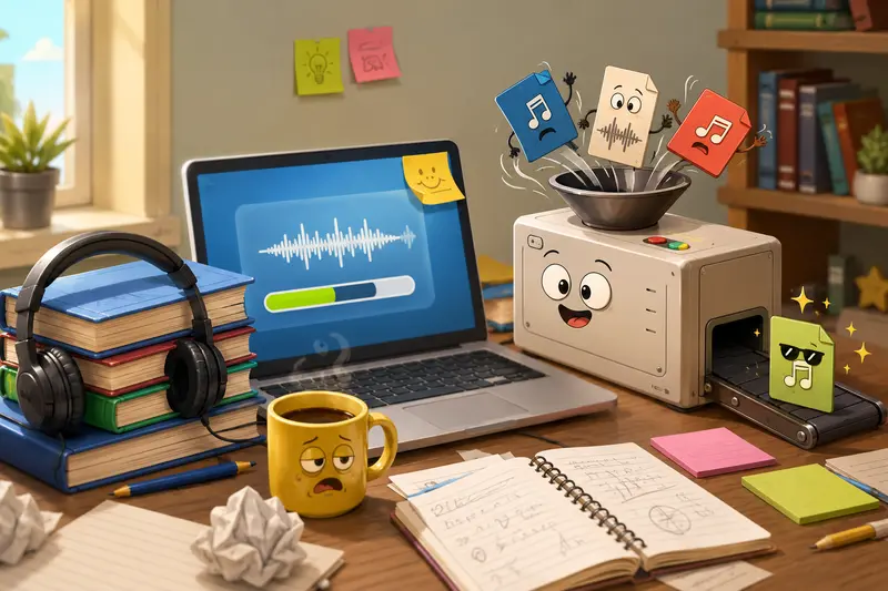 Student organizing audio files with an audio format converter online workflow