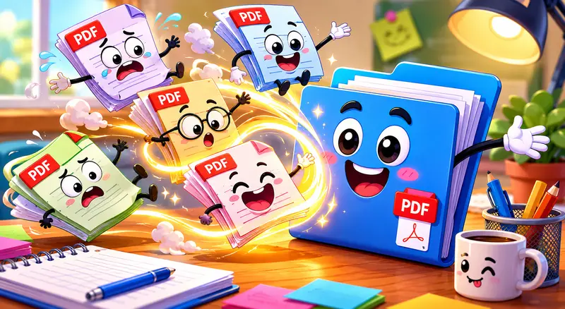 Teacher organizing lesson materials to join PDFs into one file
