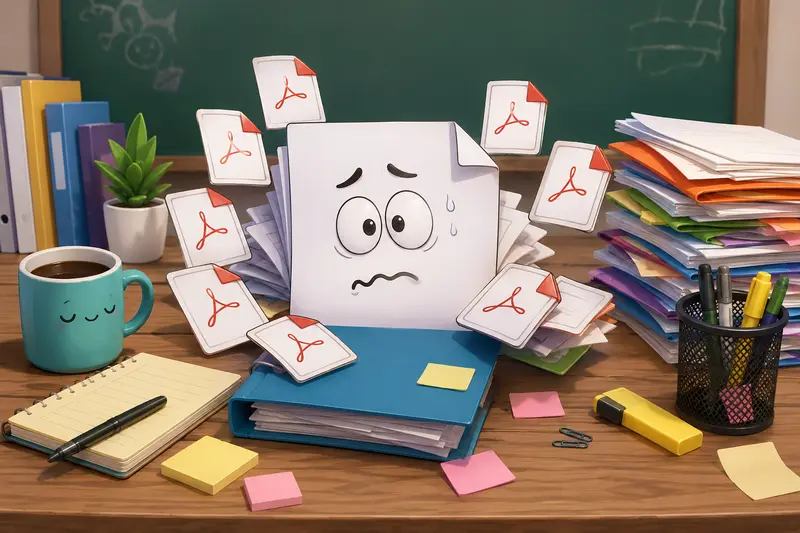 Stacked educational documents being organized into a single merged PDF workflow