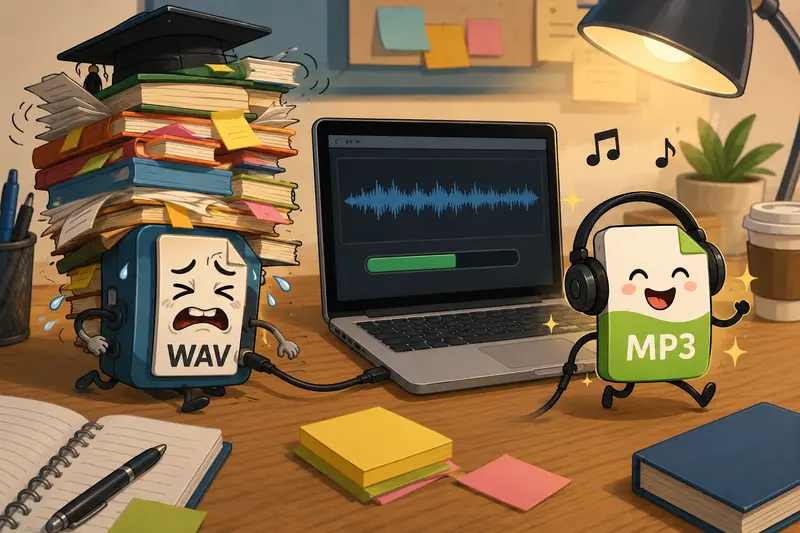 Student using a WAV to MP3 converter to organize lecture recordings