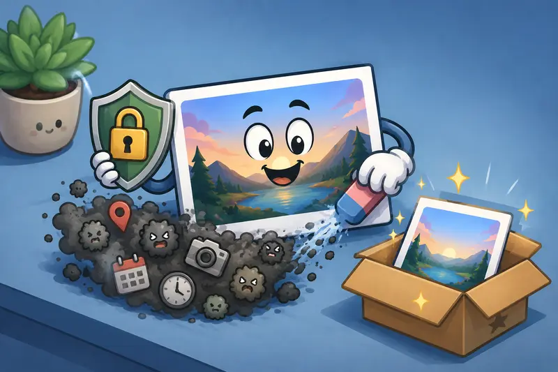 Abstract representation of privacy-safe image cleanup with secure file transformation flow