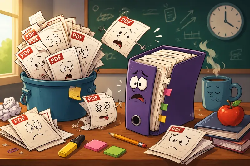 Teacher organizing digital documents to join PDFs into one file for classroom workflows