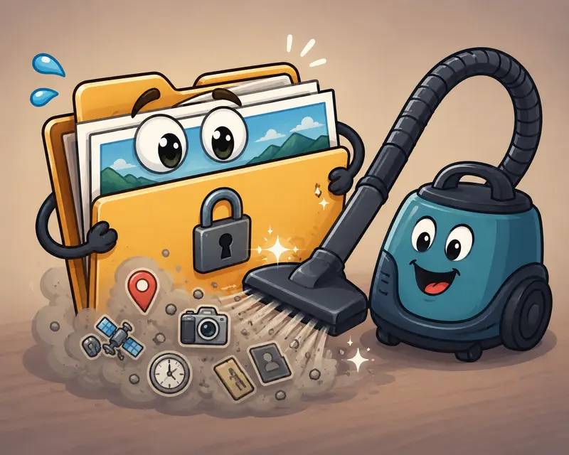 Conceptual illustration of remove EXIF online processing before secure file sharing