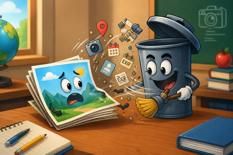 Teacher preparing images for clean image metadata online workflow before sharing files