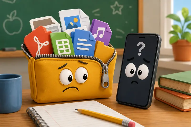 Teacher organizing extract ZIP files from a mobile workflow with classroom documents