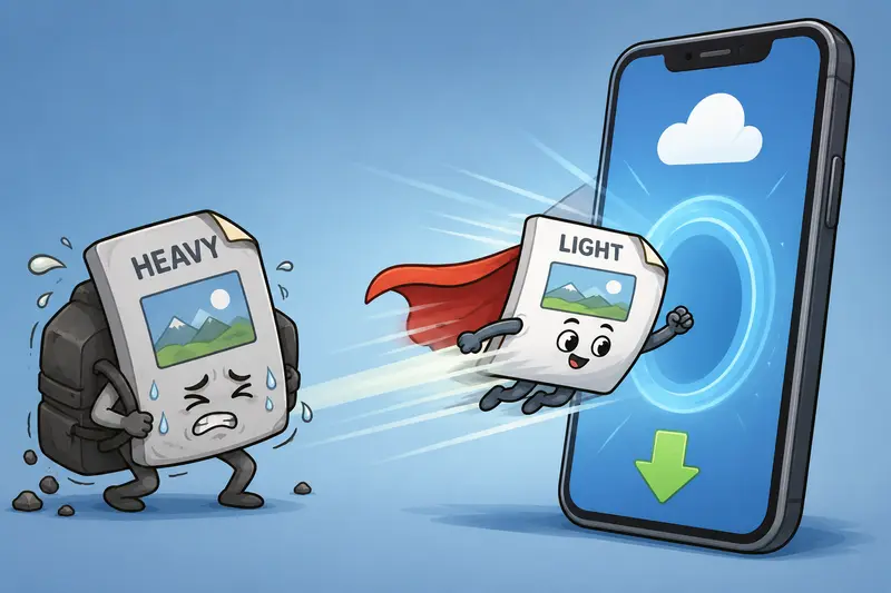 Conceptual visualization of oversized image files slowing mobile uploads