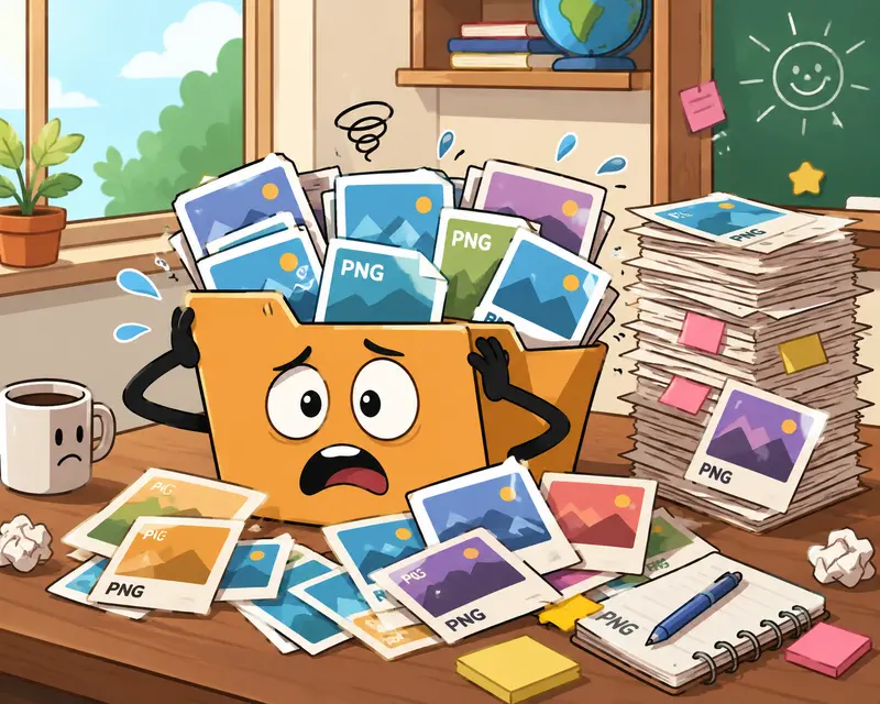 Teacher organizing large PNG files before using a PNG to JPG converter