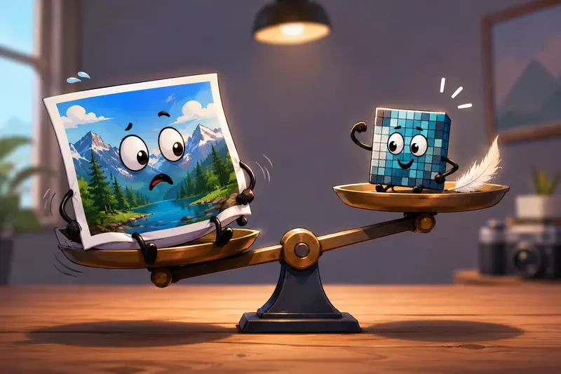 Compressed image workflow showing large files becoming smaller optimized web images
