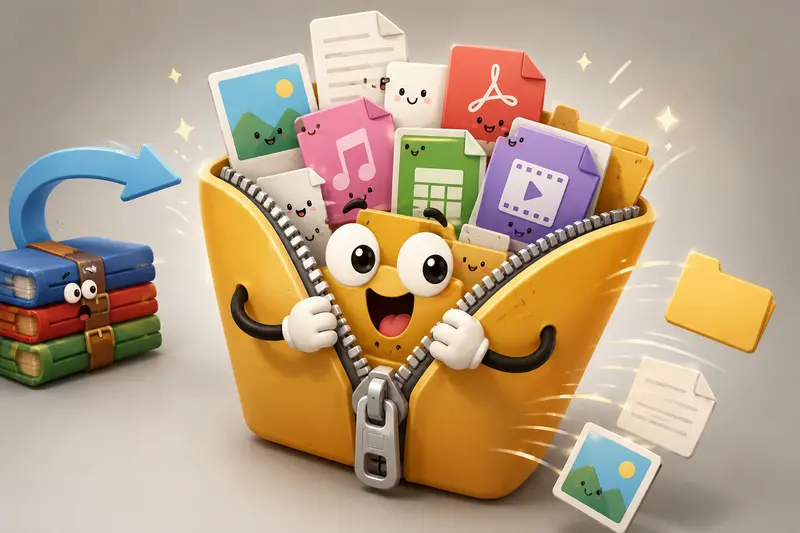 Conceptual image of compressed campaign assets being extracted into organized marketing folders