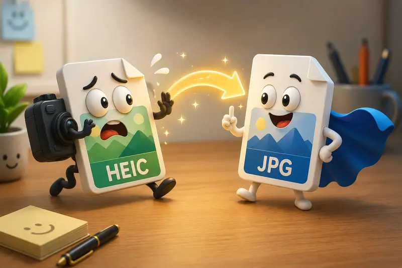 Conceptual illustration showing HEIC image conversion into JPG files for cross-platform compatibility