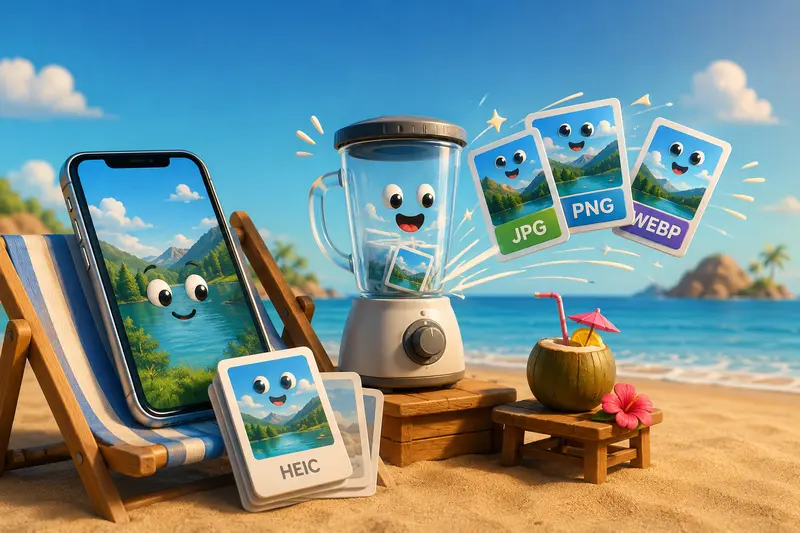 Workflow showing change image format online from iPhone photos to multiple image formats