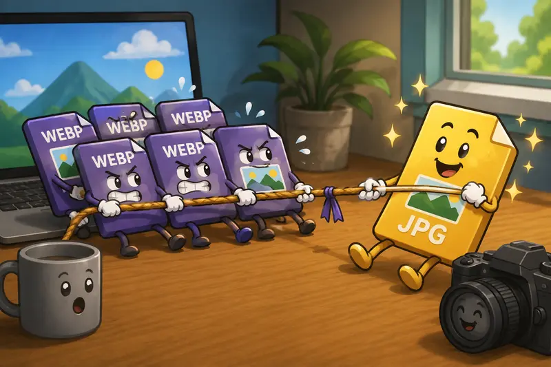 Conceptual illustration of image format transformation from WEBP to JPG