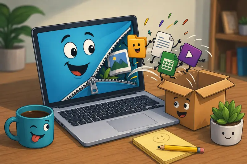 Archive extractor online workflow showing compressed files becoming accessible documents and media assets